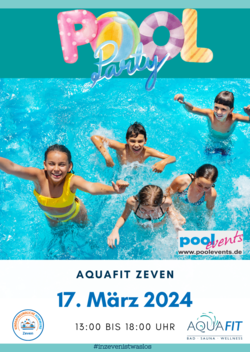 Plakat Poolparty am 17. März 2024 Kinder spielen im Wasser 